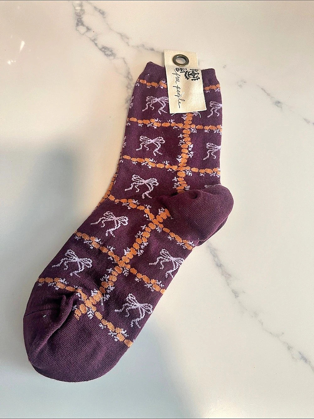 Free People Raspberry Ice Bow Pattern Socks Purple NWT